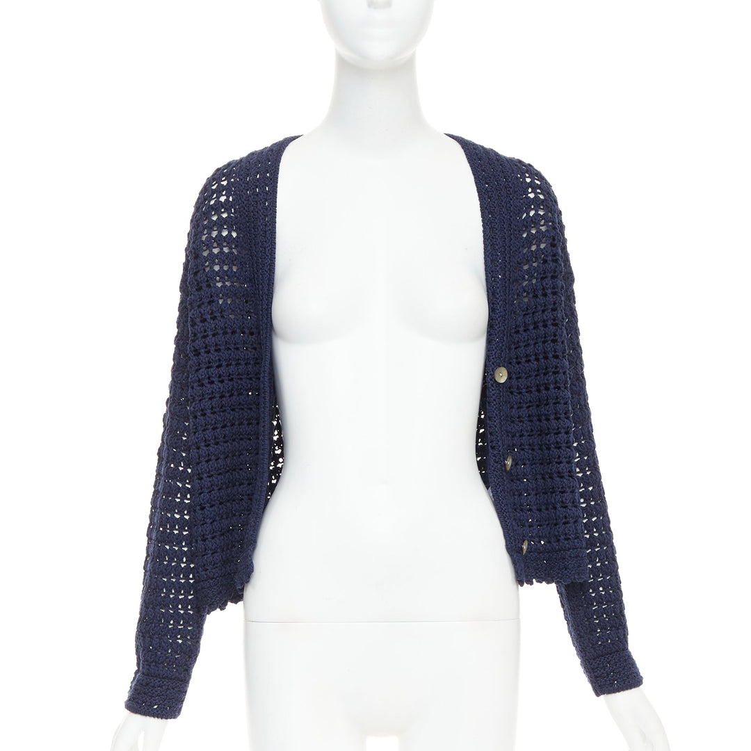 VINCE navy organic cotton crochet open knit scalloped cropped cardigan S