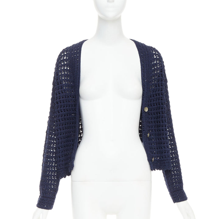 VINCE navy organic cotton crochet open knit scalloped cropped cardigan S