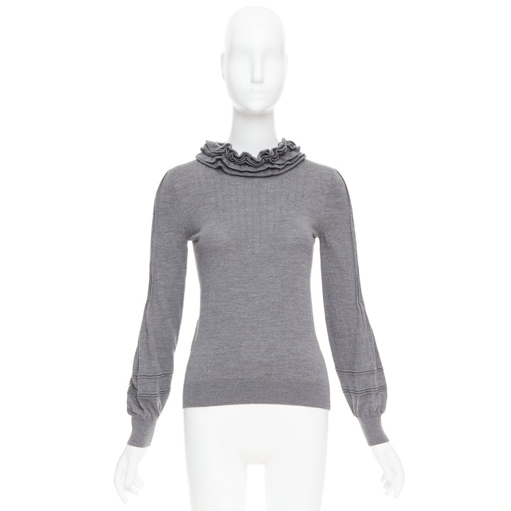 FENDI Vintage grey extrafine wool ruffle collar pleated sweater IT40 S
