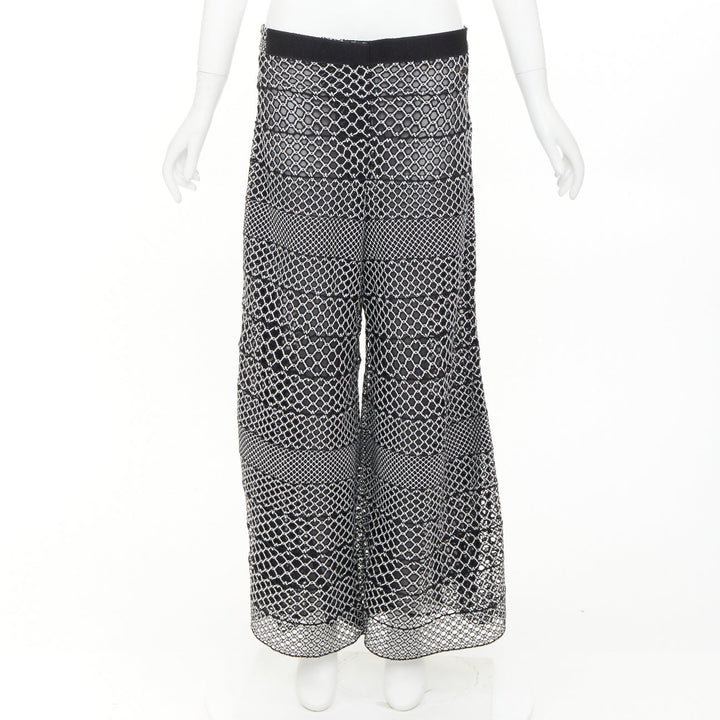 CHANEL black white geometric honeycomb guipure crochet knit wide pants FR42 XL
