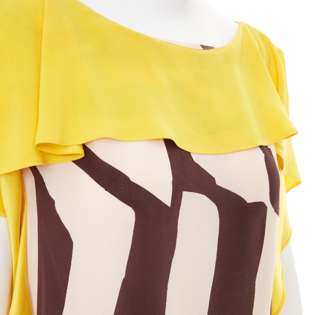 ESCADA Vintage abstract print yellow brown cream ruffle silk mini dress FR40 M