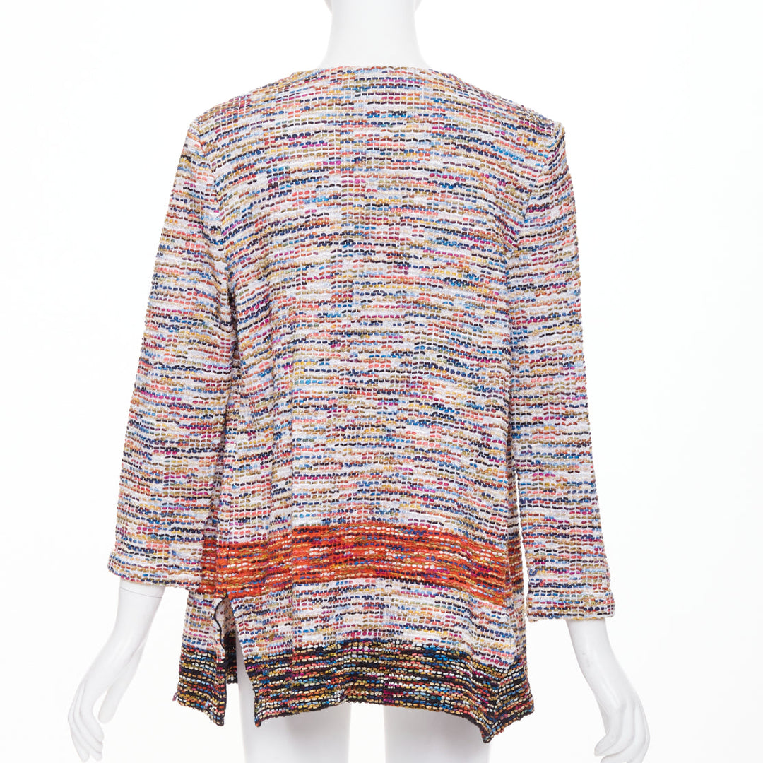 ST JOHN COUTURE multicolor rainbow ribbon trim tweed fringe knit cardigan M