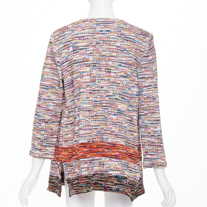 ST JOHN COUTURE multicolor rainbow ribbon trim tweed fringe knit cardigan M