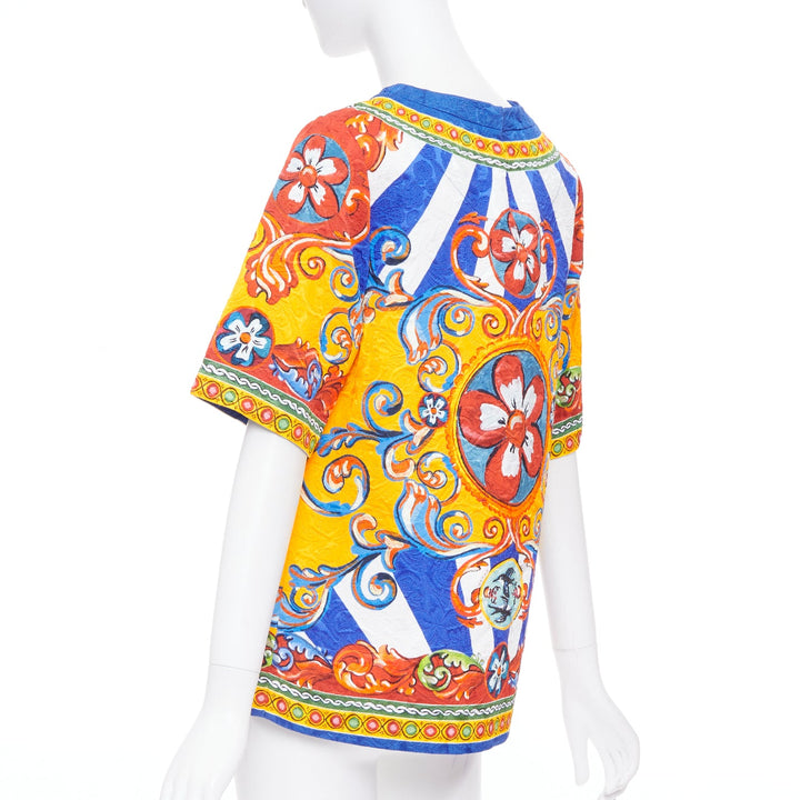 DOLCE GABBANA Carretto Siciliano yellow blue print jacquard tunic top IT40 S