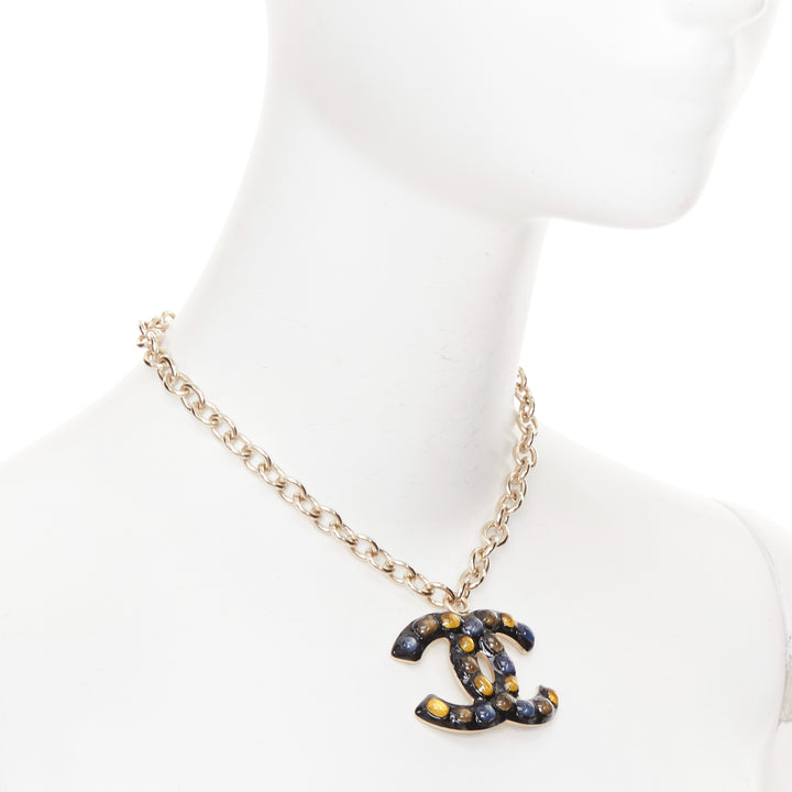 CHANEL B18A black yellow blue glassbead gold hardware CC charm collar necklace