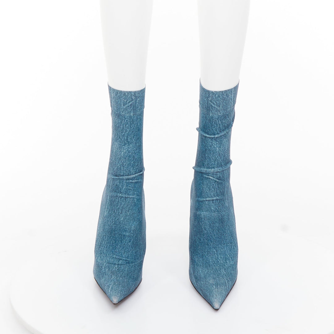 BALENCIAGA Knife blue denim trompe loeil pointy heeled boots EU36