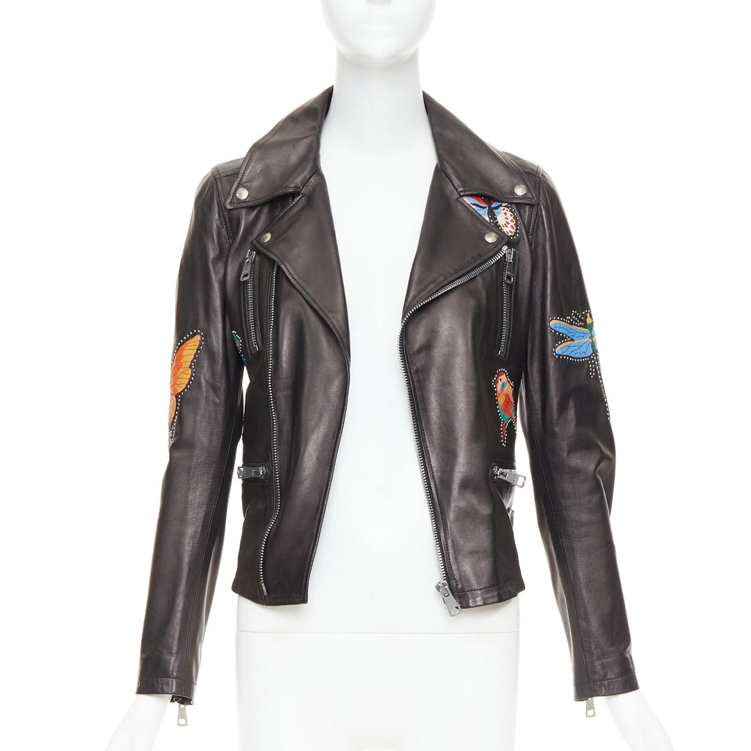 GUCCI Michele black leather bird butterfly applique studded biker jacket IT38 XS