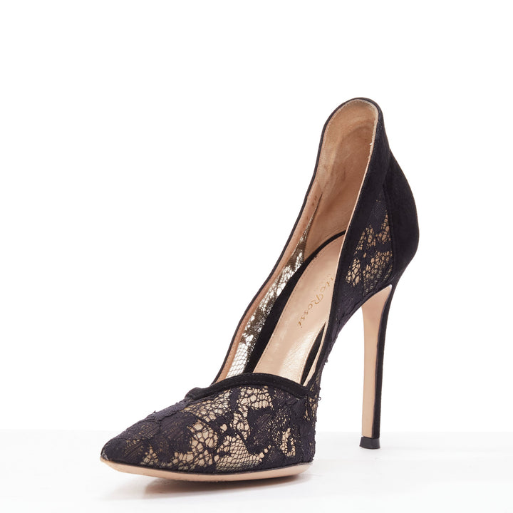 GIANVITO ROSSI black floral lace suede leather pointy toes pumps EU38