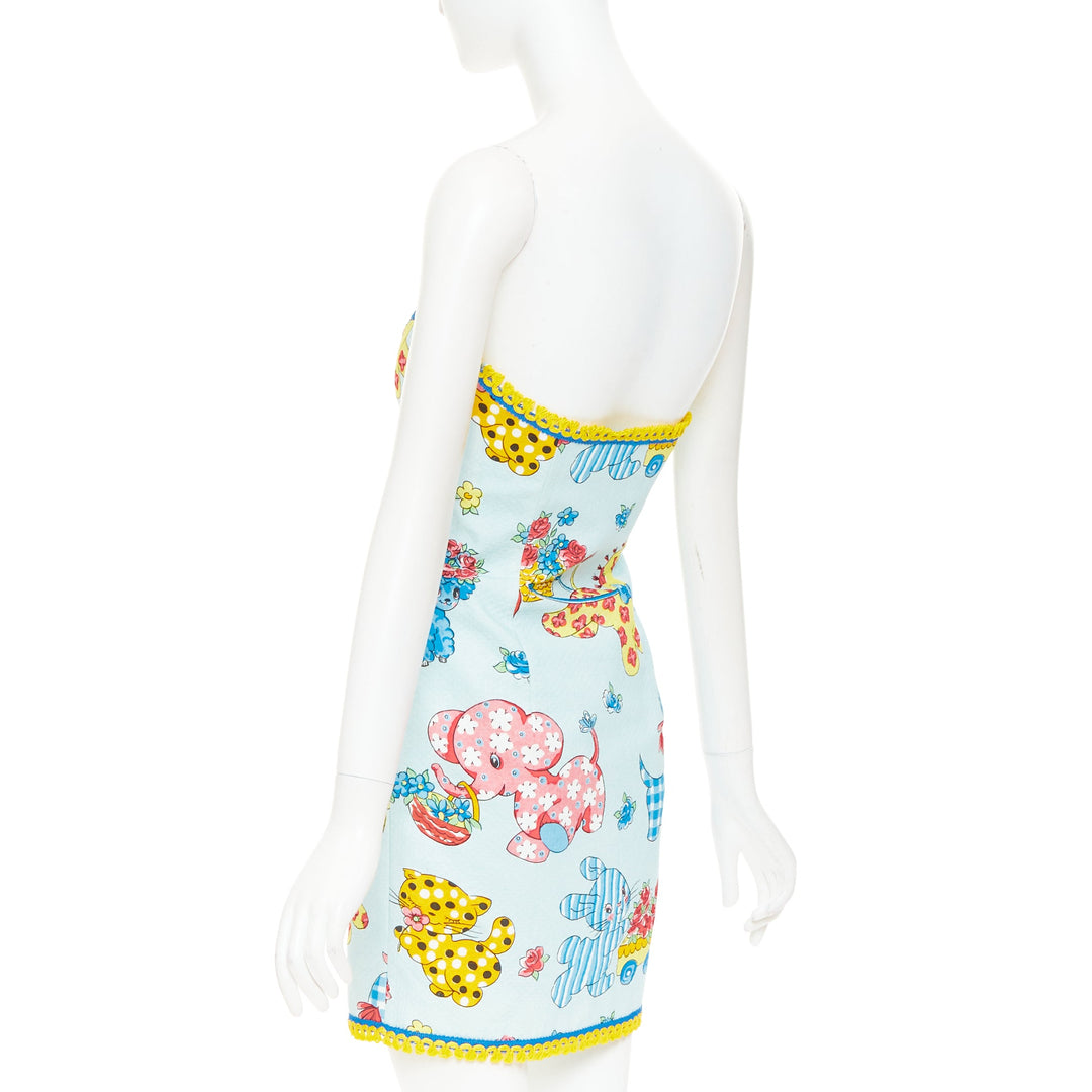 MOSCHINO COUTURE! 2022 Runway Calico Animals blue strapless dress IT38 XS