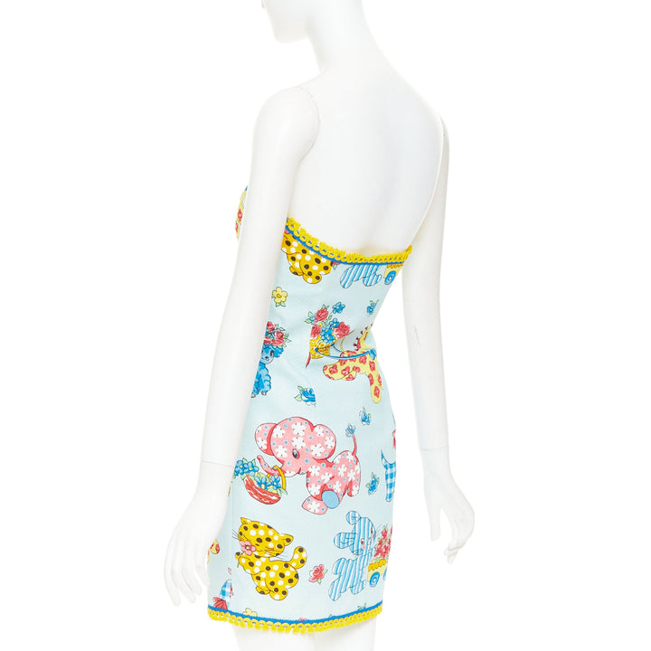 MOSCHINO COUTURE! 2022 Runway Calico Animals blue strapless dress IT38 XS