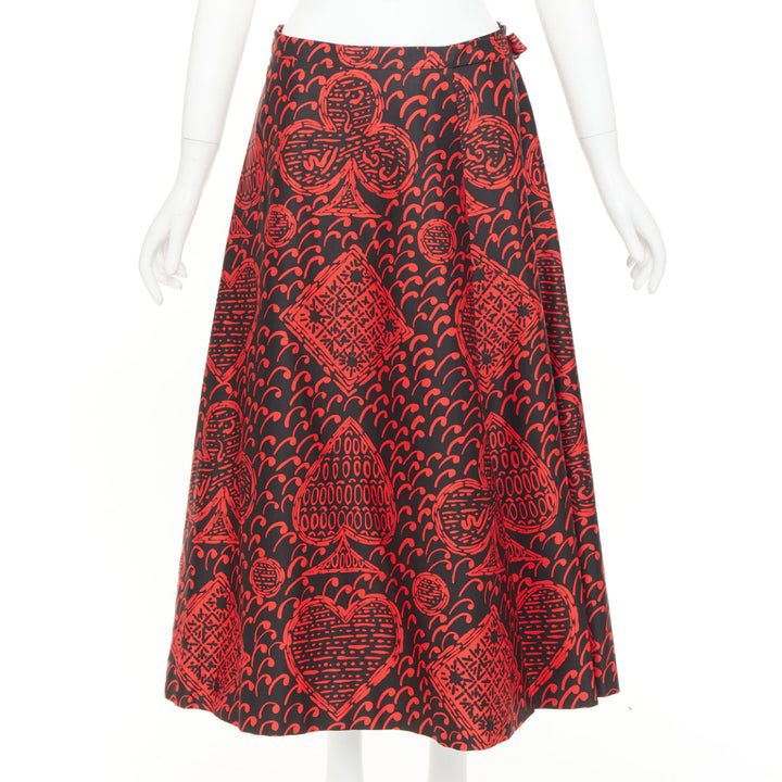DIOR Diorarmour black red cotton playing cards print wrap midi skirt FR36 S
