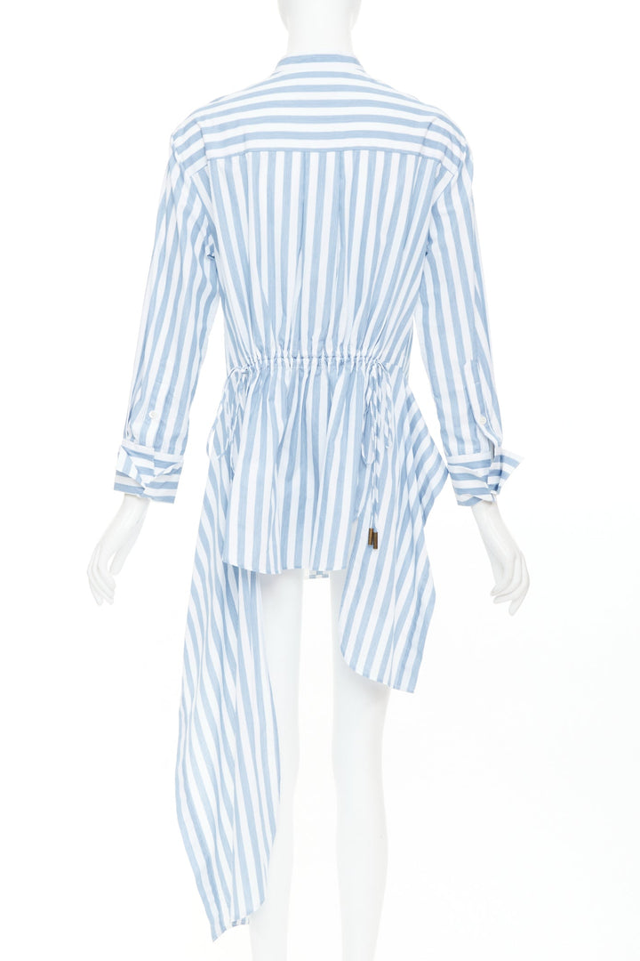 MONSE blue white striped cotton asymmetric hem draped dress shirt US0 XS