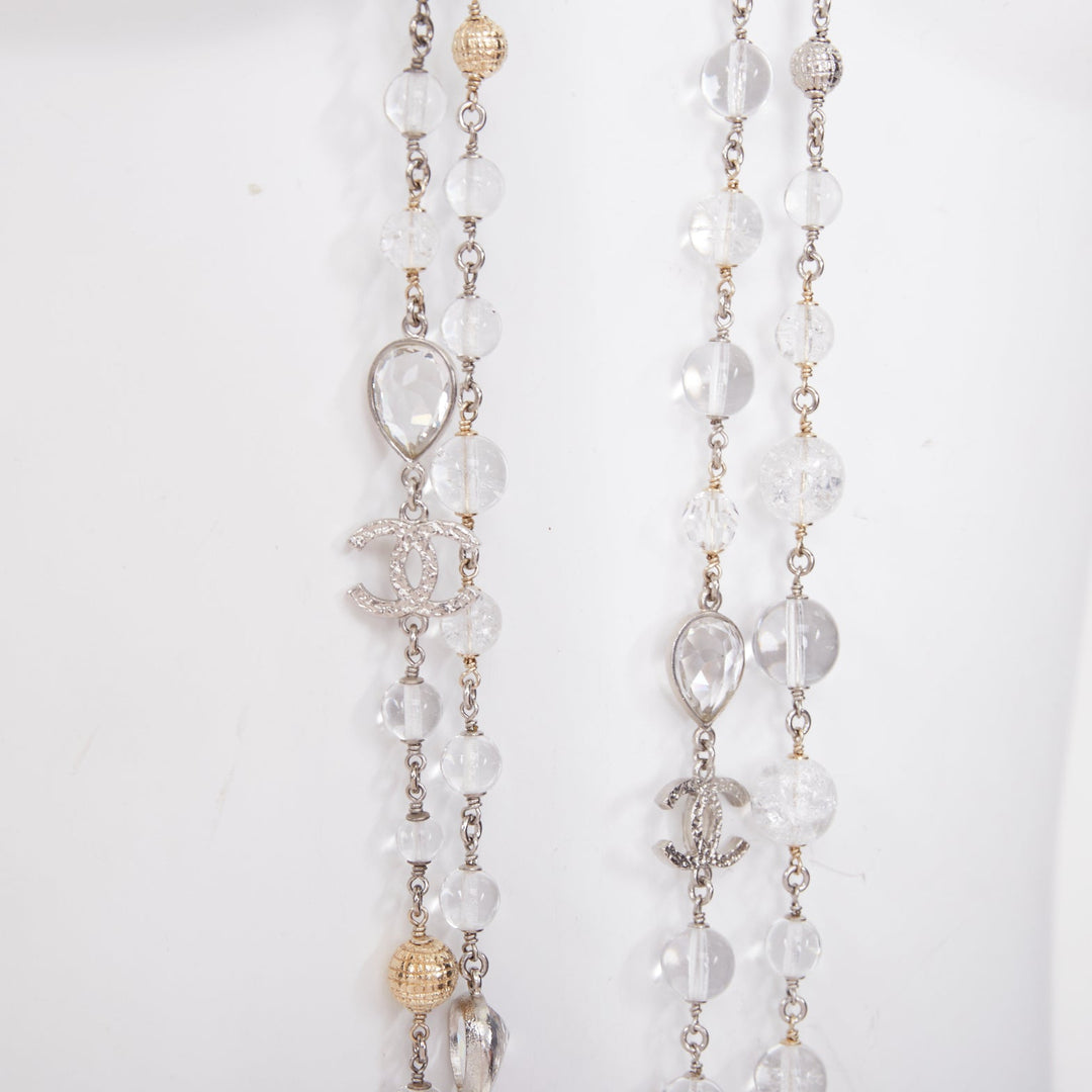 CHANEL 2015 tiered clear crystal bead gold globe strand sautoir necklace