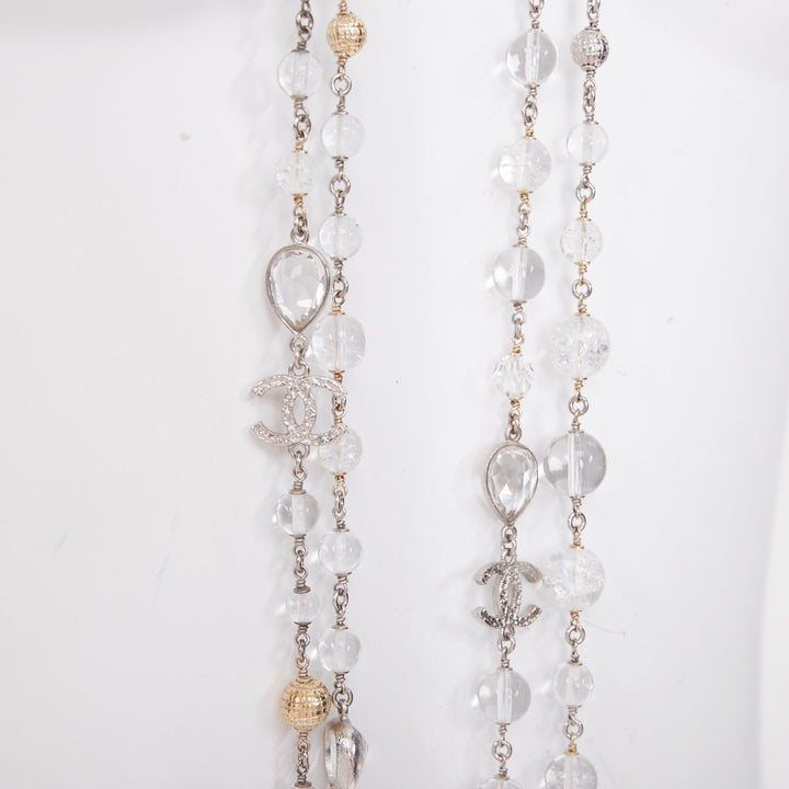CHANEL 2015 tiered clear crystal bead gold globe strand sautoir necklace