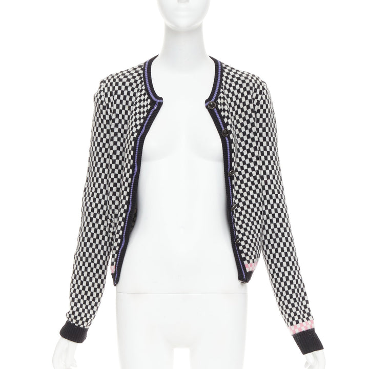 GIANNI VERSACE Vintage wooly checkered pink purple trim cardigan IT42 M