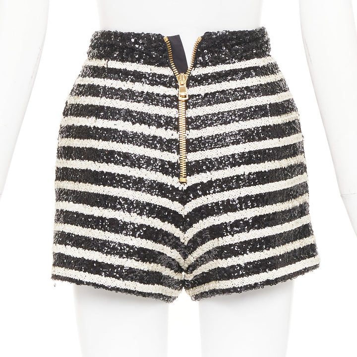 BALMAIN 2024 stripe sequin gold lion button high waist hot shorts FR34 XS
