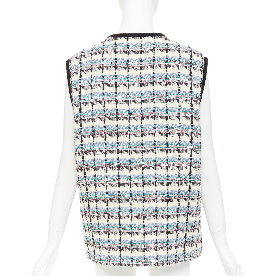VALENTINO 2024 Mossi cream blue rose multicolour sequin tweed gilet vest  IT42 M
