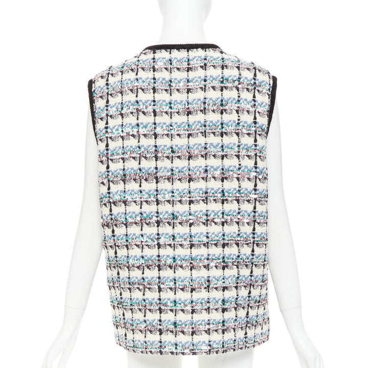 VALENTINO 2024 Mossi cream blue rose multicolour sequin tweed gilet vest  IT42 M