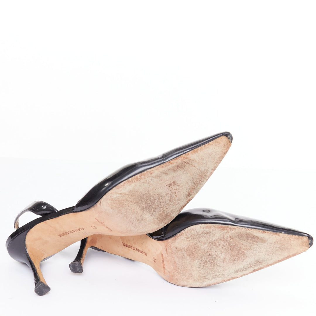 MANOLO BLAHNIK black patent pointed toe slingback dorsay heel EU39