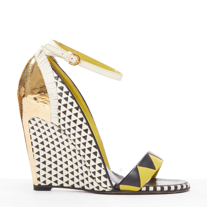 SERGIO ROSSI gold cap heel geometric yellow black wedge sandals EU36