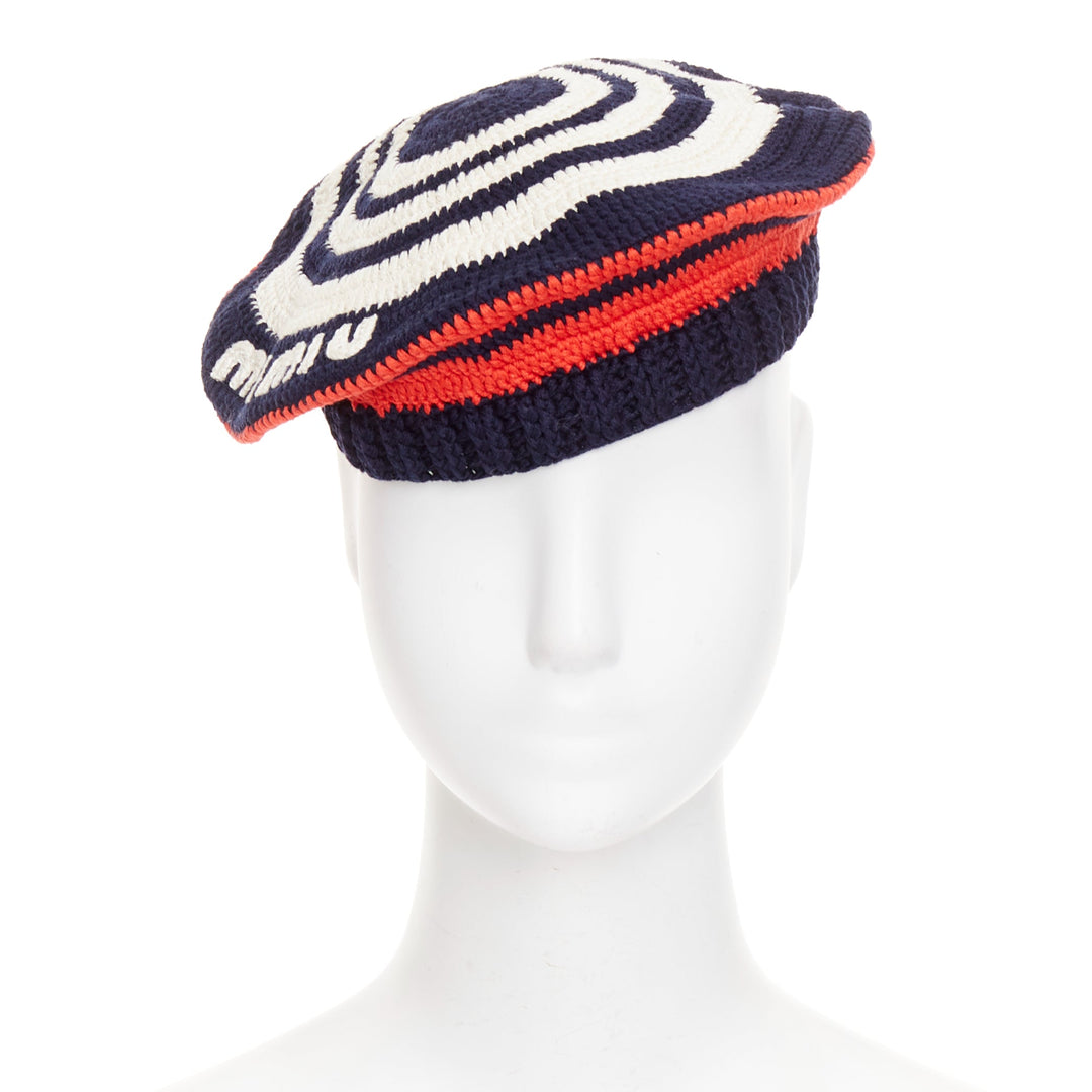MIU MIU 2024 navy red white logo applique striped crochet knit beret hat M