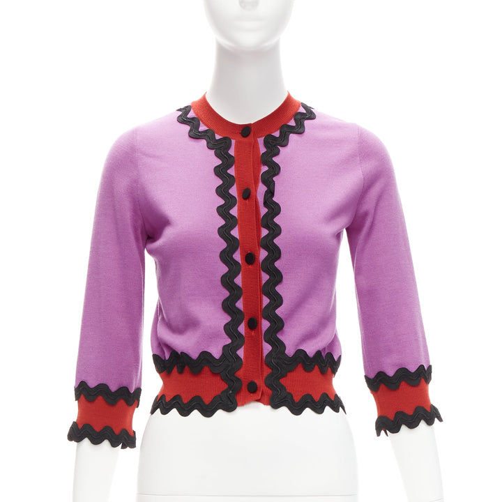 GUCCI 100% wool purple red black wavy trims cropped cardigan S