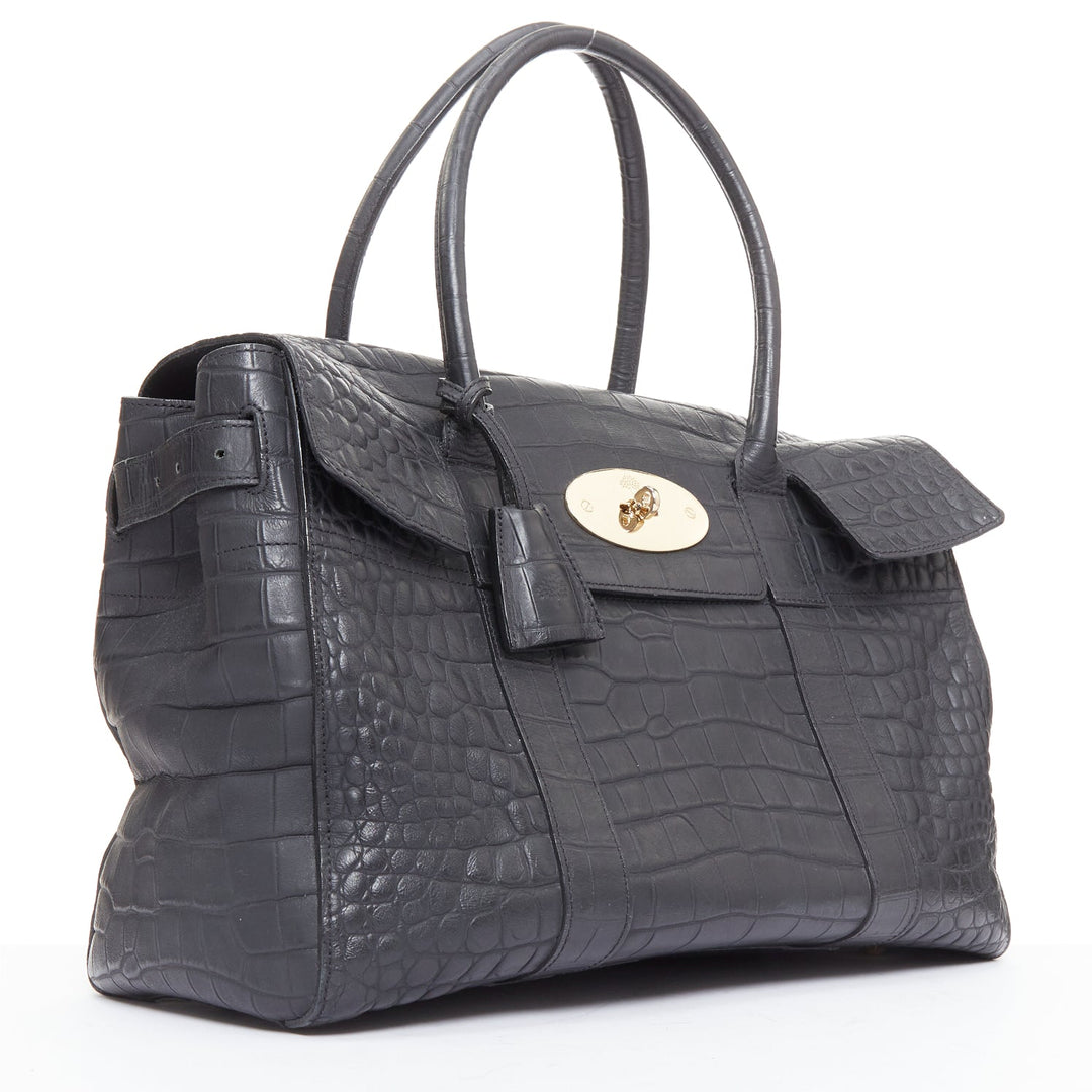 MULBERRY Bayswater black embossed croc leather print satchel tote bag