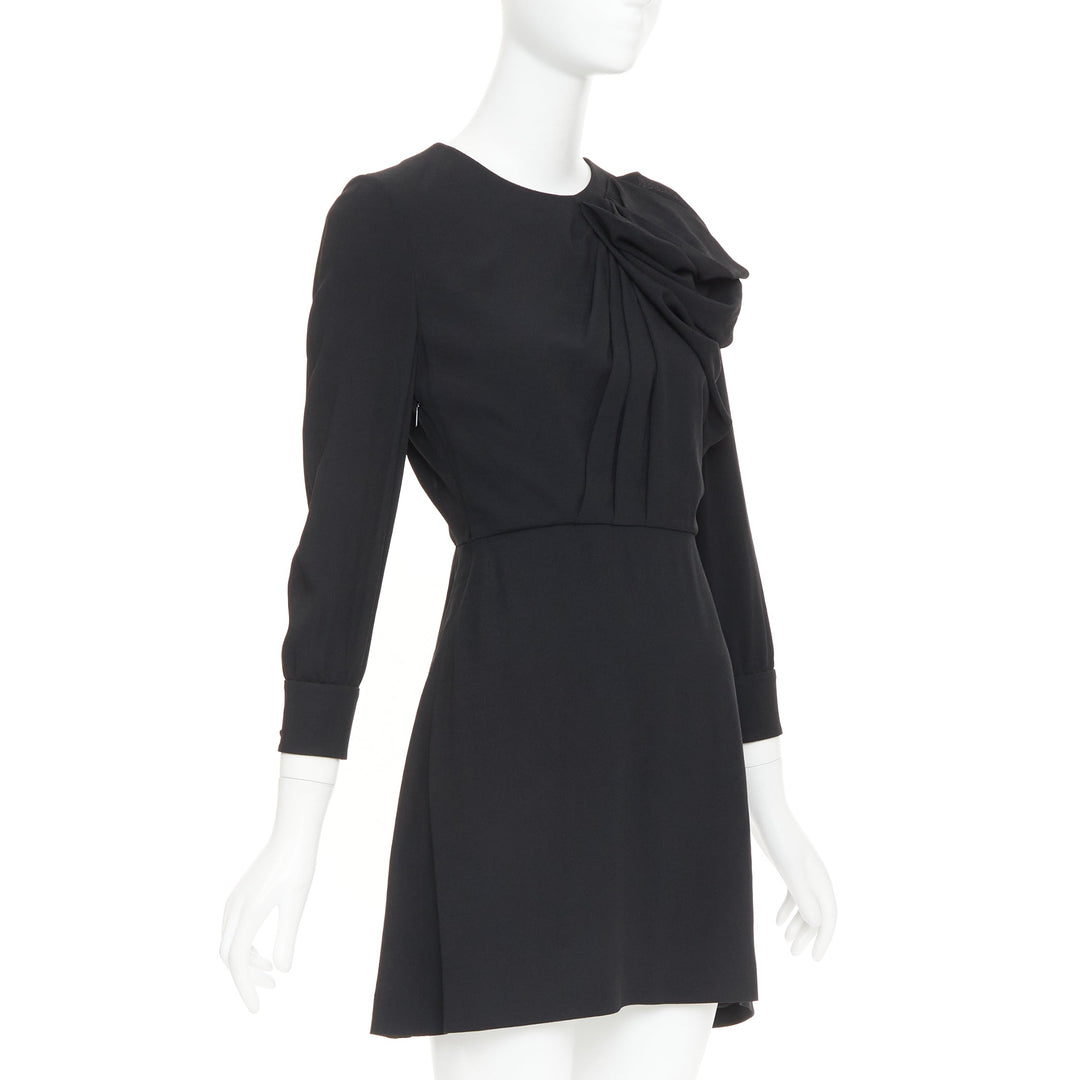 SAINT LAURENT 2014 black crepe draped bow front pleated  mini dress FR36 S
