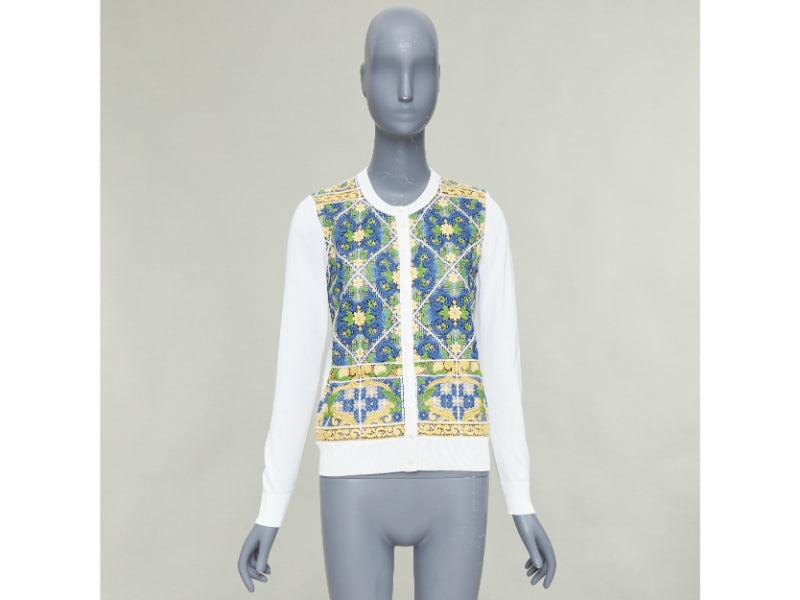 DOLCE GABBANA Majolica print embroidery anglais lace cream cardigan IT40 S