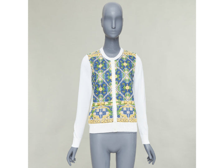 DOLCE GABBANA Majolica print embroidery anglais lace cream cardigan IT40 S