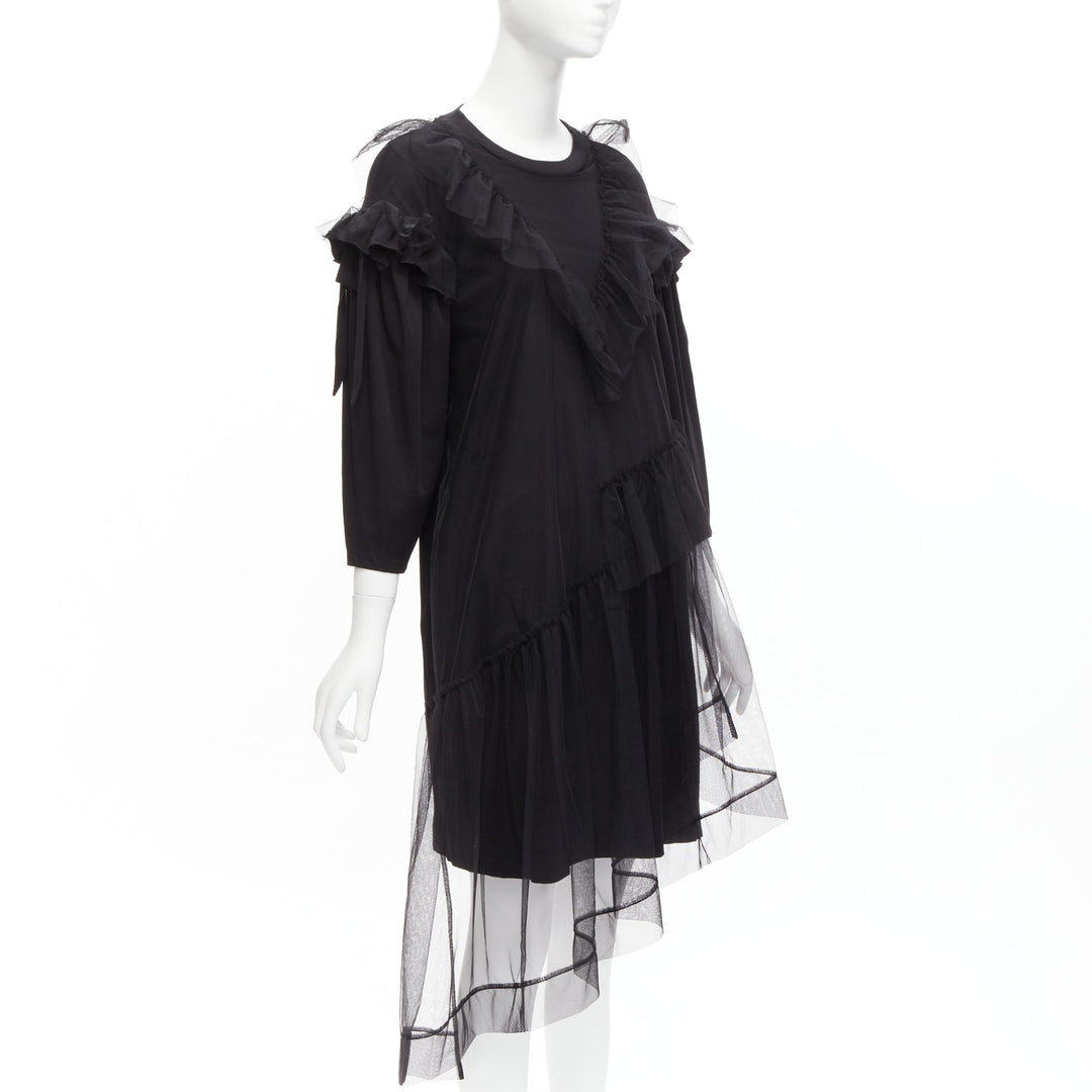 SIMONE ROCHA black asymmetric tulle ruffle trim overlay tshirt dress S