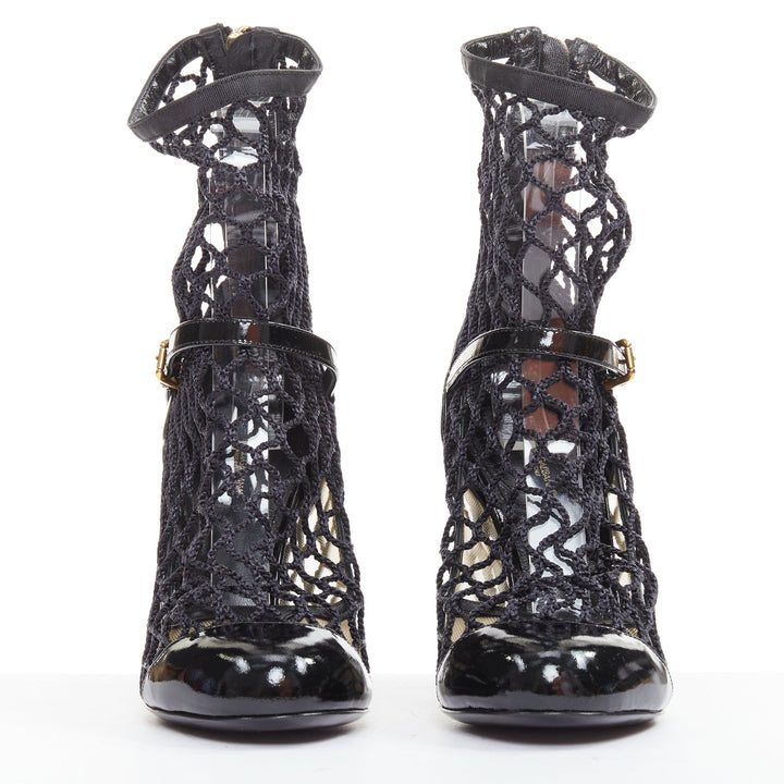 DOLCE GABBANA 2012  black patent leather fishnet maryjane heeled booties EU36