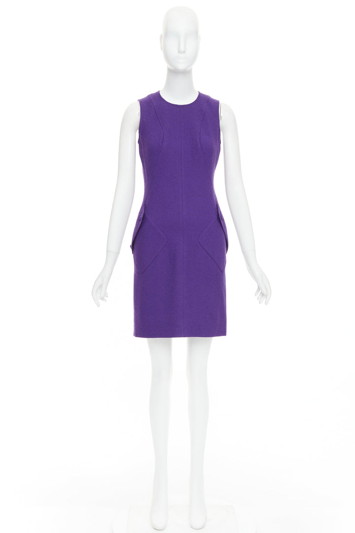 VERSACE purple boucle wool Medusa button slant pocket dress IT38 XS