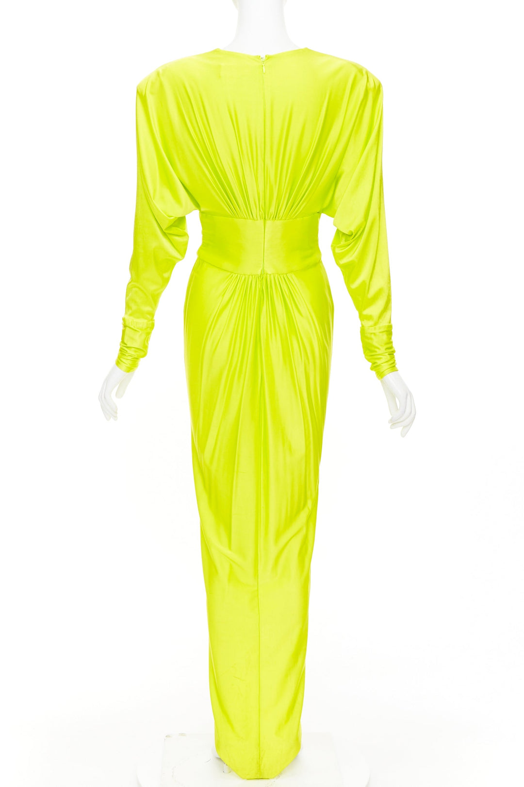 ALEXANDRE VAUTHIER neon yellow viscose Power shoulder plunge drape dress