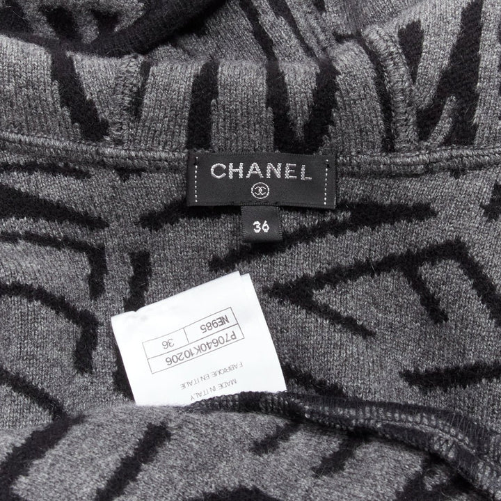 CHANEL 2021 98% cashmere black grey all over logo intarsia CC cardigan FR36 S
