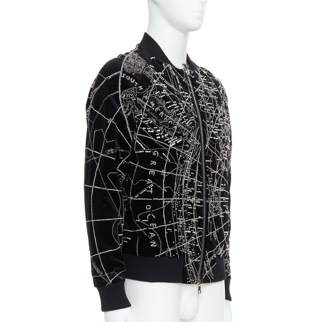 BALMAIN Broderie black map crystal bead embroidery velvet bomber jacket FR48