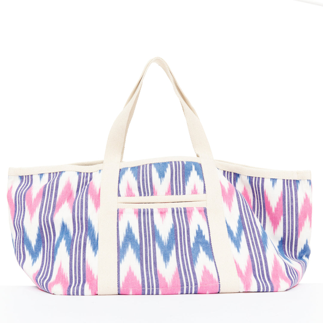 ISABEL MARANT Darwen creIkat print ecru pink blue graphic canvas logo tote bag