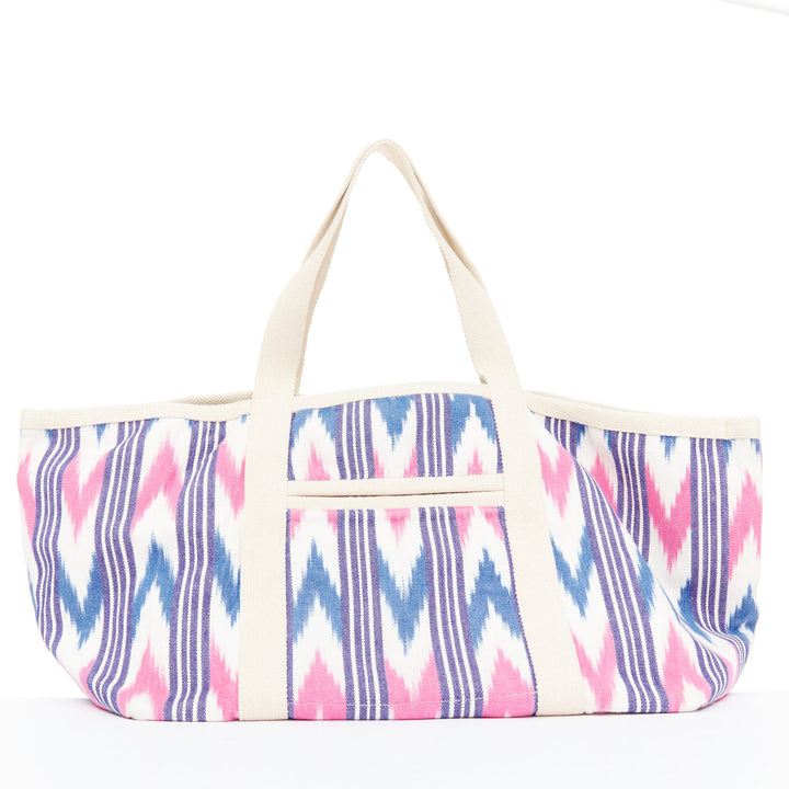 ISABEL MARANT Darwen creIkat print ecru pink blue graphic canvas logo tote bag