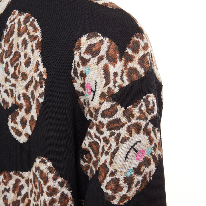 MOSCHINO Leopard Teddy black brown virgin wool knit long cardigan IT38 XS
