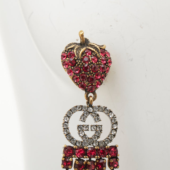 GUCCI 2019 GG crystal strawberry pink rhinestone tiered fringe earrings Pair