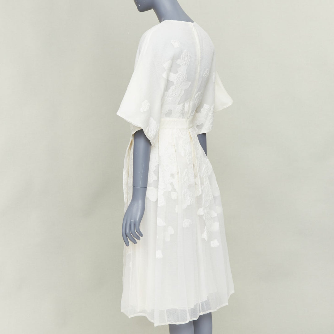 GIAMBATTISTA VALLI ivory cotton silk  floral cloque pleated midi dress IT40 XS