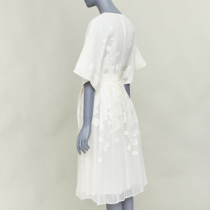 GIAMBATTISTA VALLI ivory cotton silk  floral cloque pleated midi dress IT40 XS