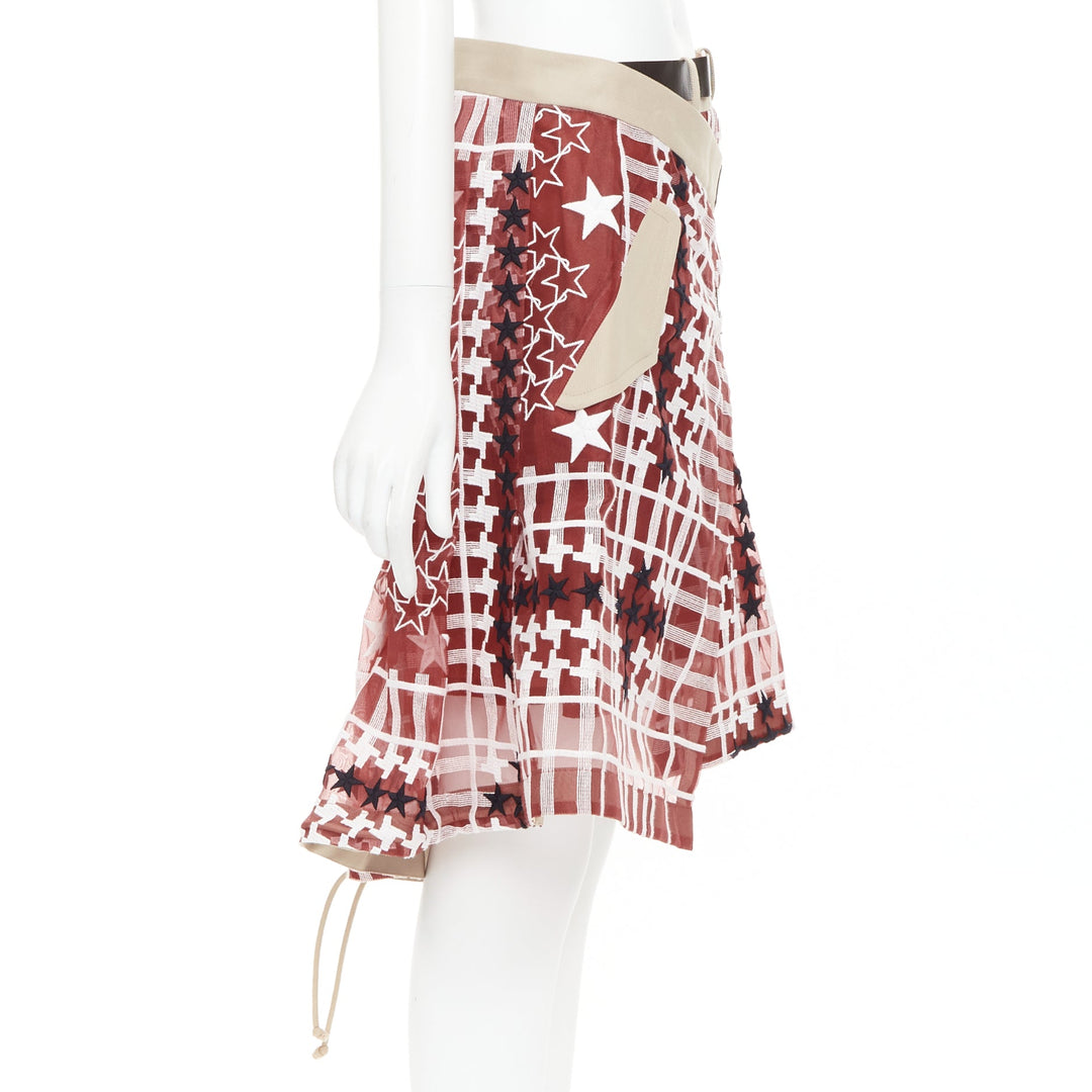 SACAI 2017 red white houndstooth star check sheer leather buckle wrap skirt JP2