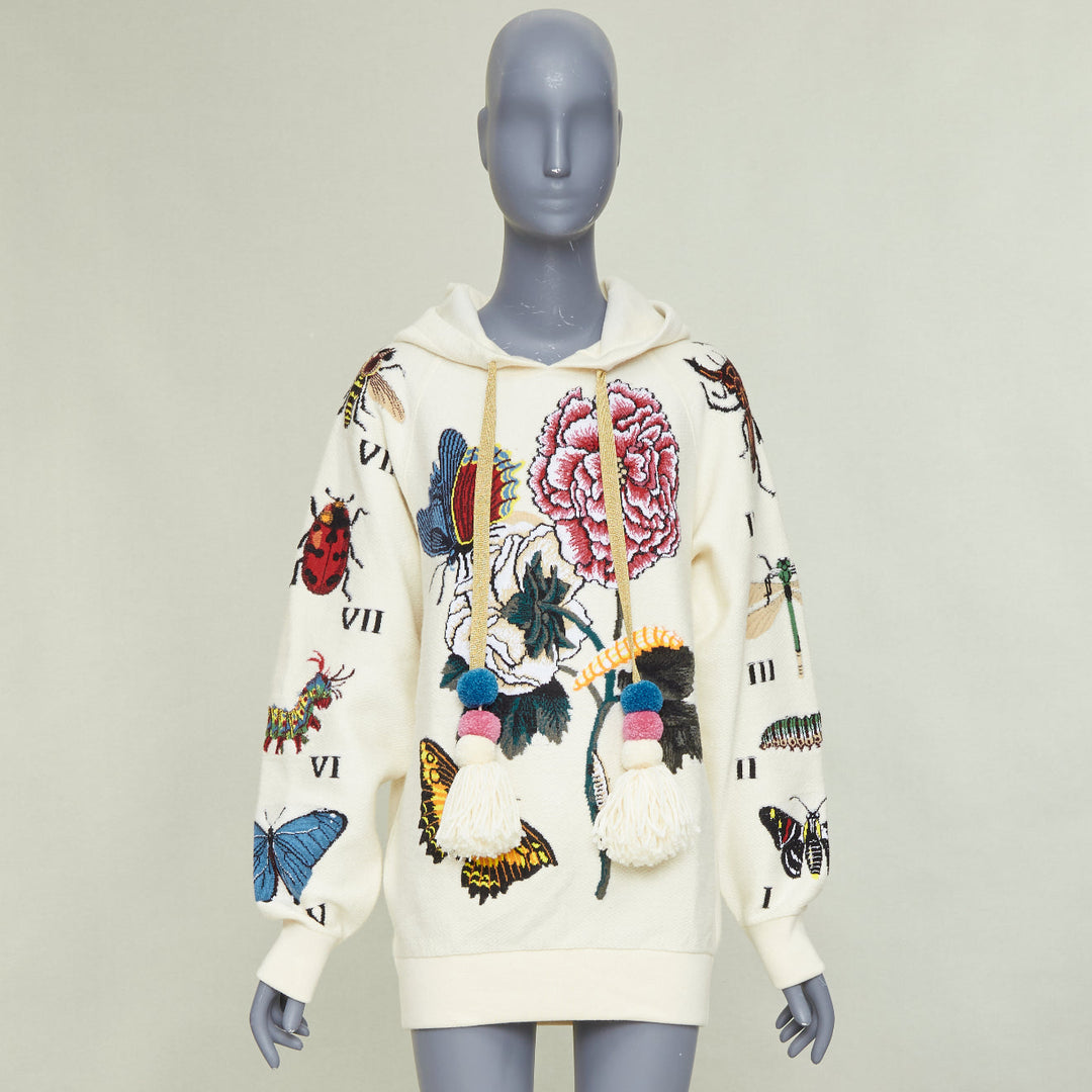 GUCCI 2017 Runway ivory wool cotton pom pom embroidered insect floral hoodie XXS
