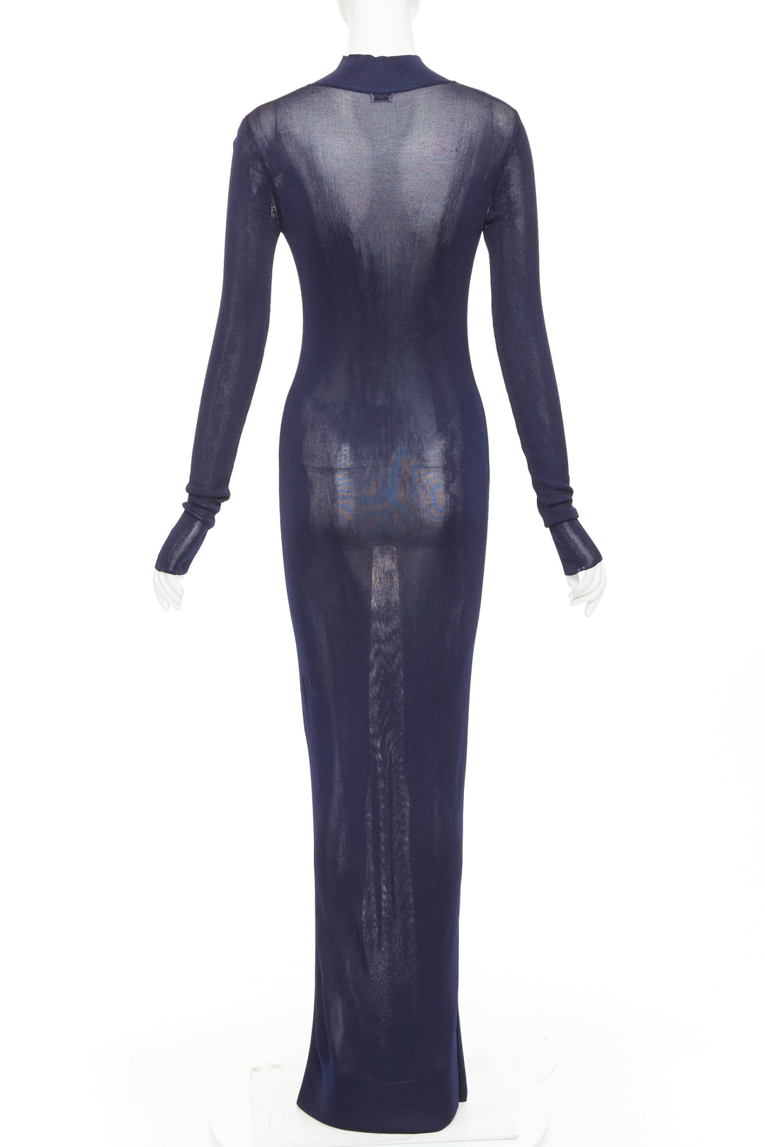 SAINT LAURENT 2023 Runway navy blue fine viscose mesh turtleneck sheer dress S
