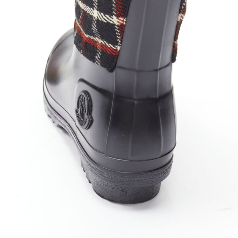 MONCLER red black plaid check black rubber wellington rain boots EU39