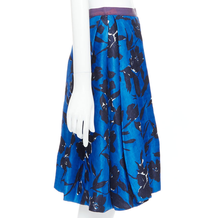 OSCAR DE LA RENTA S07 blue black silk cotton floral print full midi skirt US2 S