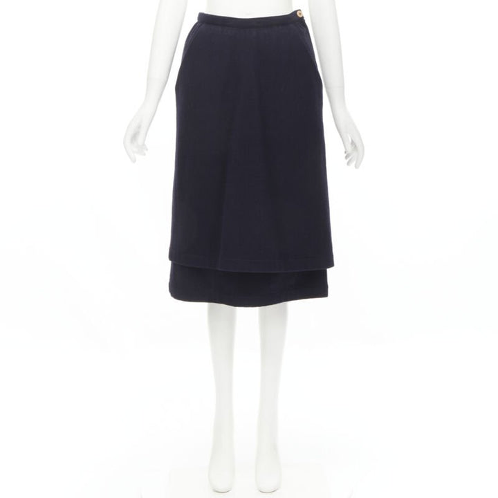 COMME DES GARCONS 1980s Vintage blue wool angular pocket layered hem skirt S