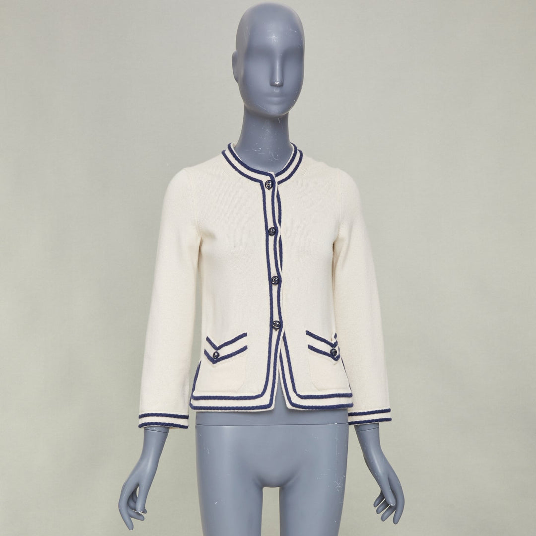 CHANEL 2015 ivory navy blue contrast trim rib pocket cashmere cardigan FR34 XS