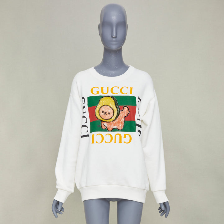 GUCCI PIKARAR 2023 sequinned cotton jersey white vintage logo crew sweatshirt XS